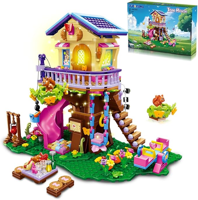 Treehouse Building Sets with LED Light - Tree House Building Block Toy, Friendship Up House Building Set with Slide & Stickers, Xmas Gift for Kids Girls Boys Age 6 7 8 9 10 11+（618PCS