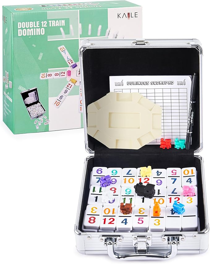 KAILE Mexican Train Dominoes Set with Numbers, 91 Tiles Double 12 Colored Dominoes Game Set with Aluminum Case for Families Kids 2-4 Players