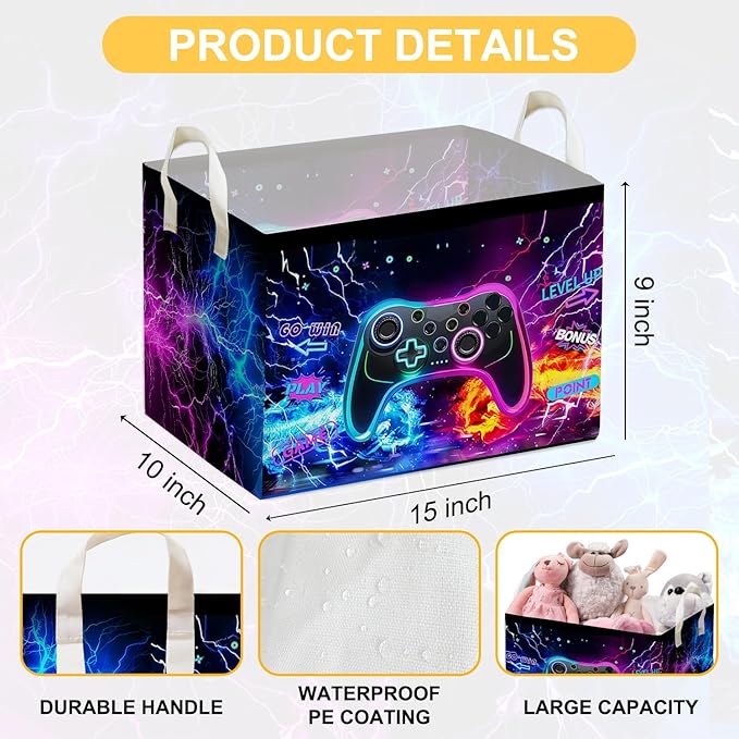 Gamer Console Storage Box, Foldable Waterproof Toy and Clothes Storage Box, Portable Fabric Storage Box for Nursery, Games Room, Gamer Decor Basket for Boys and Girls, Storage Boxes for Books, Gifts