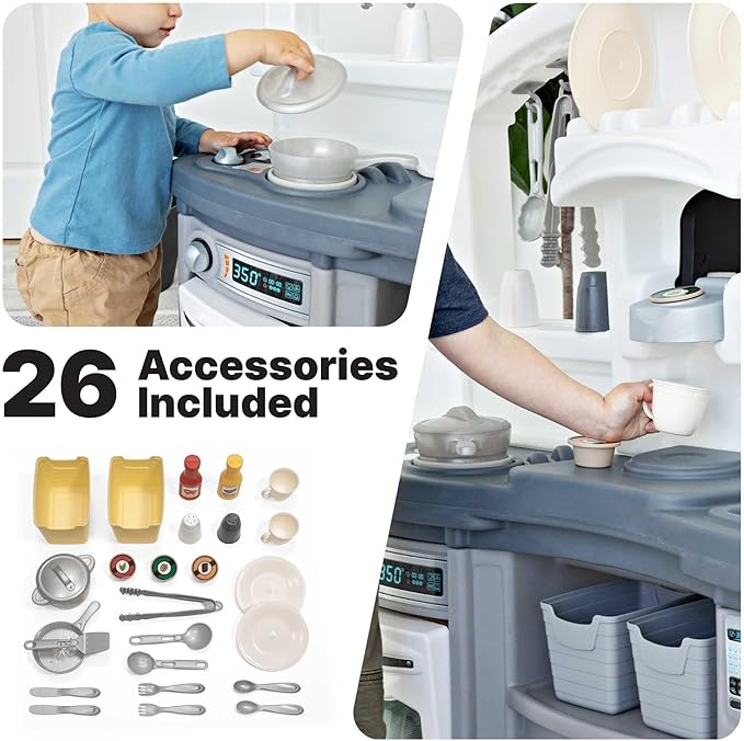 Step2 Fun with Friends Kids Kitchen Playset, Indoor/Outdoor Kitchenette with Lights & Sounds, Durable Plastic, 25-Piece Toy Accessories, Toddlers 2+ Years, Gray
