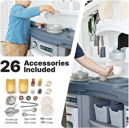Step2 Fun with Friends Kids Kitchen Playset, Indoor/Outdoor Kitchenette with Lights & Sounds, Durable Plastic, 25-Piece Toy Accessories, Toddlers 2+ Years, Gray