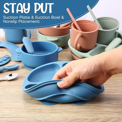 24 Pack Silicone Baby Feeding Set Baby LED Weaning Supplies Includes Suction Divided Plates Soft Bowl Spoons Forks Adjustable Bib Snack Cup and Straws(Dark Green, Dark Blue, Walnut Color)