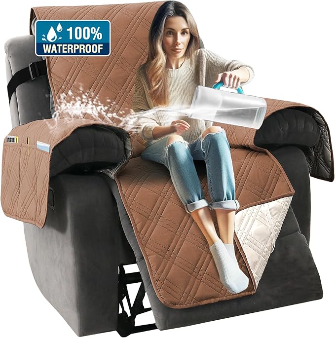H.VERSAILTEX 100% Waterproof Recliner Chair Covers Large Size Oversized 1-Piece Recliner Covers for Large Recliner with Elastic Straps Sitting Width Up to 28" (Oversized Recliner, Terracotta/Beige)