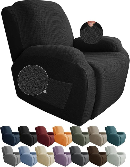 JIVINER 4-Piece Recliner Chair Covers Stretch Jacquard Covers for Recliner Chair Recliner Slipcovers for Living Room Soft Recliner Protector with Pocket (Recliner, Black)