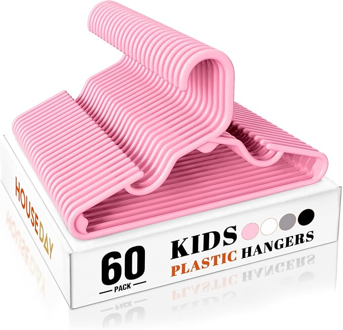 HOUSE DAY Premium Baby Hangers 60 Pack, 11 Inch Kids Plastic Hangers Pink, Slim Childrens Hangers for Infant, Toddler, and Child Clothes, Durable Baby Clothes Hangers for Closet