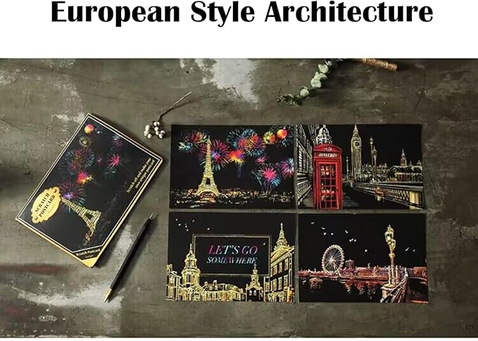 Georgie Porgy Scratch Paper Art Set DIY Arts and Crafts Kits for Kids Adults Magic Rainbow Scratch Postcards for Christmas Birthday Gift with Scratching Tools Kit (Europe Fireworks Architecture)