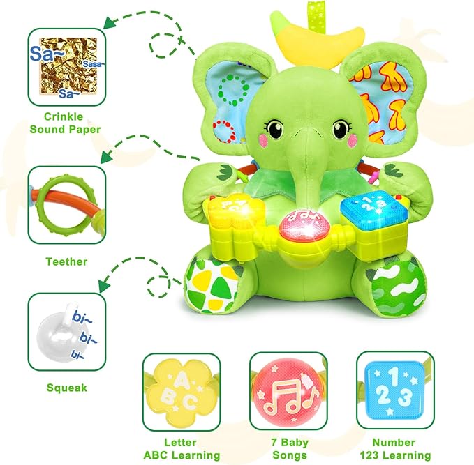 Holaxander Baby Elephant Musical Stuffed Animals Toy with Light-Up Music & Crinkle Sound Paper,Infant Bilingual Early Learning Education Toys,Tummy Time Toys for 0-3-6-12+ Months Boy Girl, Green