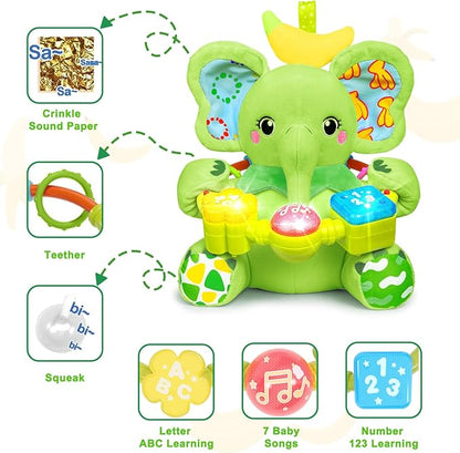 Holaxander Baby Elephant Musical Stuffed Animals Toy with Light-Up Music & Crinkle Sound Paper,Infant Bilingual Early Learning Education Toys,Tummy Time Toys for 0-3-6-12+ Months Boy Girl, Green