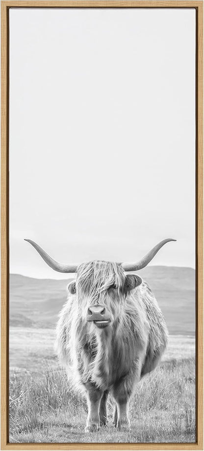 Kate and Laurel Sylvie Highland Cow Mountain Landscape Vertical BW Framed Canvas Wall Art by The Creative Bunch Studio, 18x40 Natural, Decorative Farmhouse Art for Wall
