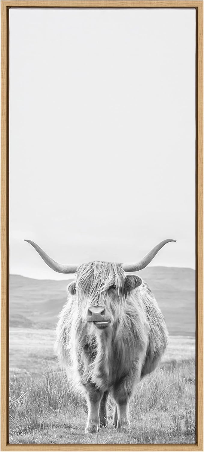 Kate and Laurel Sylvie Highland Cow Mountain Landscape Vertical BW Framed Canvas Wall Art by The Creative Bunch Studio, 18x40 Natural, Decorative Farmhouse Art for Wall