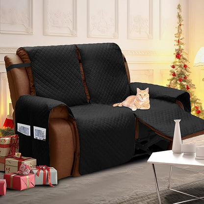 XINEAGE Water Resistant Recliner Cover, 2 seat Recliner Loveseat Covers with Pockets, Quilted Thick Recliner Protector Cover for Dog Pets with Non Slip Backing and Strap (Recliner Loveseat, Black)