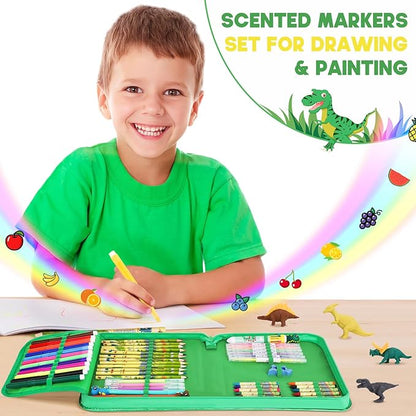 Fruit Scented Markers Set 57Pcs with Glitter Dinosaur Pencil Case & Stationery, Art Supplies for Kids Ages 4-6-8, Art Coloring Kits Box,Gifts Toy for Boys Age 5,7,Gel Pen,Pencil&Crayon Drawing Stuff