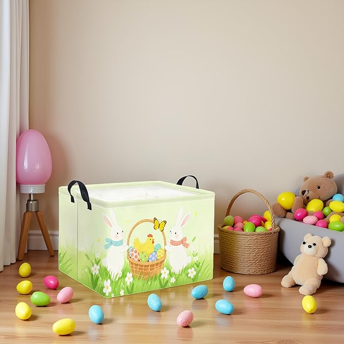 HIYAGON Rectangular Easter Basket for Kids Baby Easter Basket for Boys and Girls Cute Toy Storage Organizer Bin Box Room Decor(Easter Bunny)