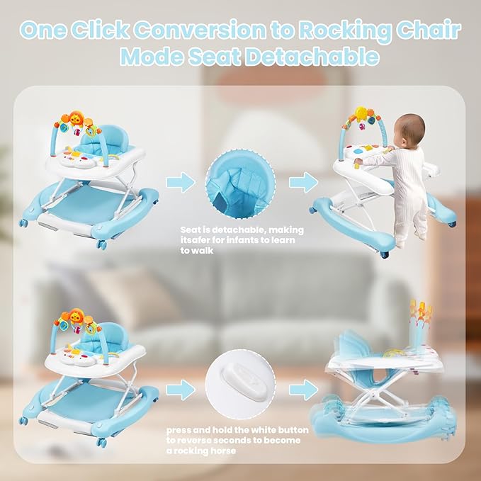 Boyro Baby Baby Walker, 5-in-1 Baby Walkers for Boys and Girls 6-12 Months with Bouncer, Removable Footrest, Feeding Tray & Music, Foldable & Adjustable Activity Walker for 6-18 Months Toddler Infant