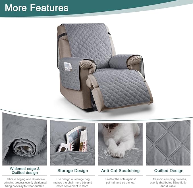 Ruaozz 100% Waterproof Recliner Chair Cover Non-Slip Reclining Cover for Recliner Chair Washable Chair Seat Cover with Elastic Straps for Kids, Dogs, Pets (Light Grey, 23'')