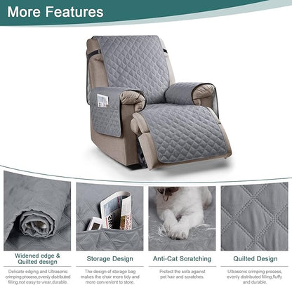 Ruaozz 100% Waterproof Recliner Chair Cover Non-Slip Reclining Cover for Recliner Chair Washable Chair Seat Cover with Elastic Straps for Kids, Dogs, Pets (Light Grey, 23'')