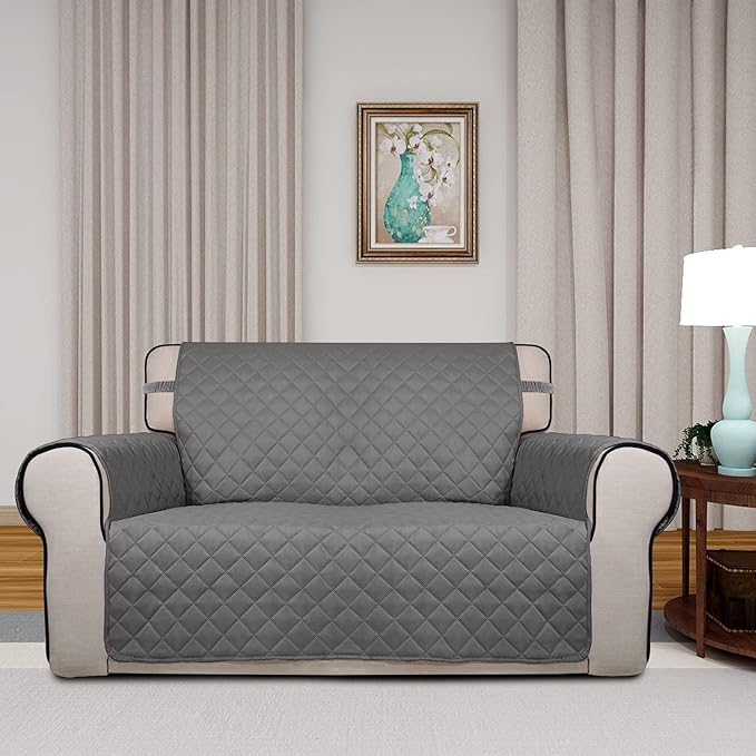 PureFit Reversible Quilted Sofa Cover, Water Resistant Medium Slipcover Furniture Protector, Washable Couch Cover with Non Slip Foam and Elastic Straps for Kids, Dogs, Pets (Loveseat, Gray/Gray)