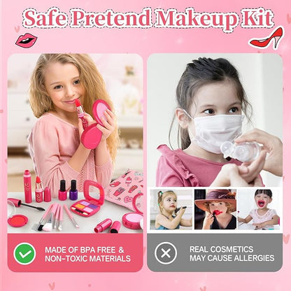 Woumserta Toddler Girls Toys Pretend Makeup Kits - Fake Makeup Set Toys for Kids 3 4 5 6 Year Old, Play Makeup Gift for Little Girls 3-5, Toddler Makeup Kit with Fake Makeup Toy Birthday Gift (Red)