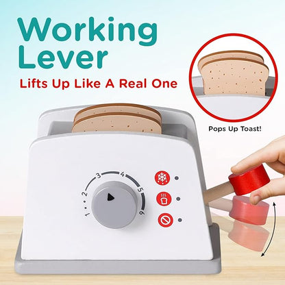 Play Brainy Pop Up Kid’s Toaster Toy with Kitchen Accessories, 8 Pc. Set, Interactive Early Learning Wood Playset with Wooden Bread, Plate, and Utensil, Girls and Boys 3+