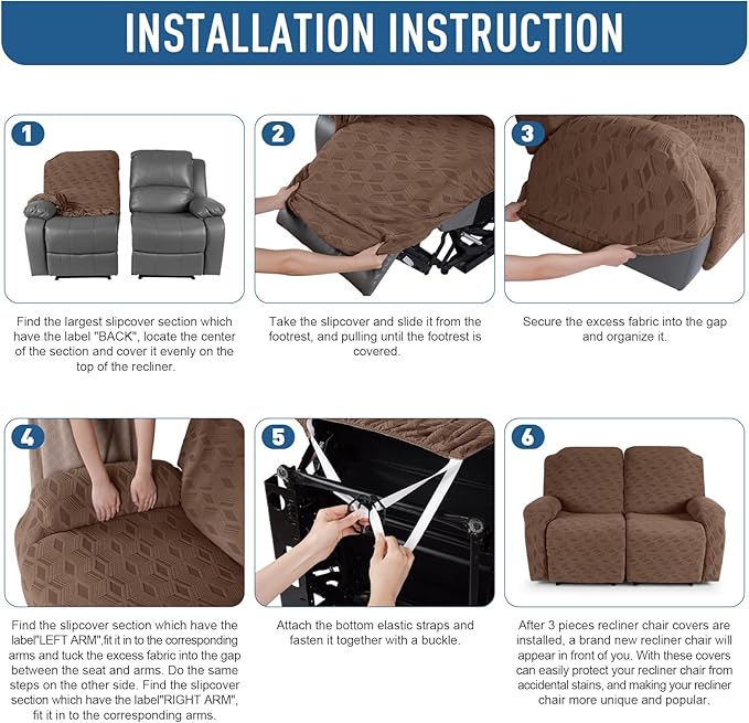 TAOCOCO Recliner Loveseat Cover, Stretch Jacquard Reclining Loveseat Cover Furniture Protector Sofa Slipcovers 2 Seat Recliner Covers with Elastic Bottom for Kids, Pets(Brown)