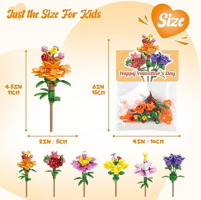 Valentines Day Gifts for Kids - 24 Pack Prefilled Valentine's Day Cards with Flower Building Blocks Crafts for School Classroom Class Party Favor, Valentines Gifts Bulk Exchange for Boys Girls Teens