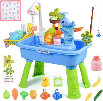 Upgraded Toddler Sand Water Table Toy with Electric Water Pump, Kids Sand Water with Faucet/Play Food Accessories/Fishing Toy, Kitchen Play Sink Toys for Girl Boy Age 3+ (Blue)