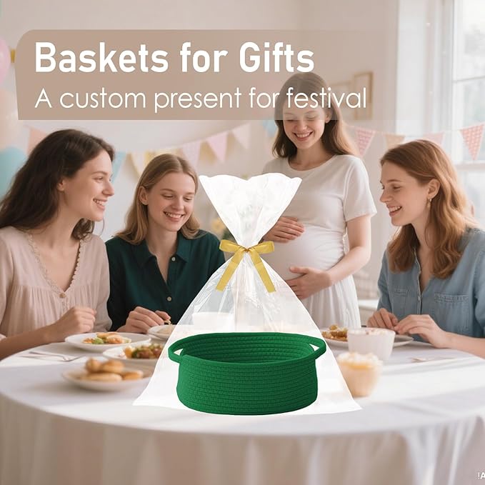 JMvicyroam Woven Basket,Small Rope Storage Bin with Handles & Ribbon Bag, Organizer for Shelves Closets,Gift Basket Empty for Birthday,Books,Dog Toys, Green/2 Pack