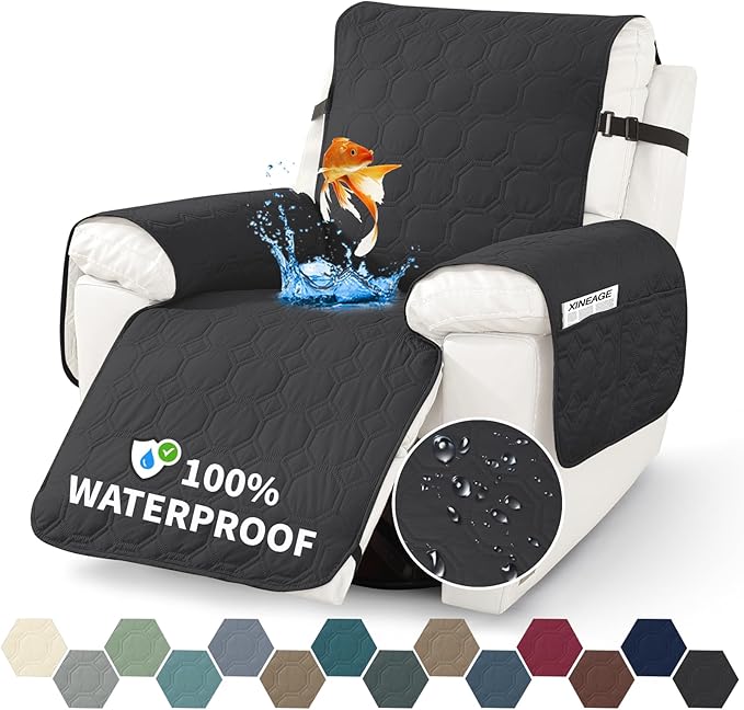 XINEAGE 100% Waterproof Recliner Chair Cover, Non Slip Covers for Recliner Chair with Pocket, Washable Dog Recliner Couch Cover with Elastic Straps (Black, 28")