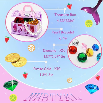 Diving Gem Pool Toys Colourful Big Diamonds and Gold Coins with Pirate Treasure Chest Throwing Toys Water Toys Underwater Gems Swimming Training Gift for Kids Birthday Party Favor