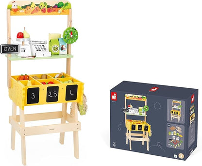 Janod - Children's Merchant Farm Market - Imitation Game for Children - 32 Accessories - Develops Imagination - FSC Wooden Toy - Water Painting - Suitable for Ages 3 and Above - J03322