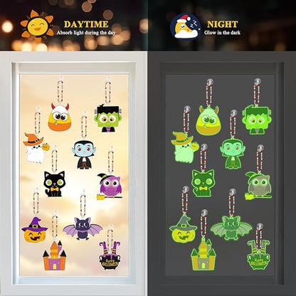 30 Set Halloween Glow in the Dark Suncatchers Kits Halloween Pumpkin Boo Bat Luminous DIY Suncatchers Crafts Make Your Own Suncatcher Paint Sun Catchers Ornaments for Halloween