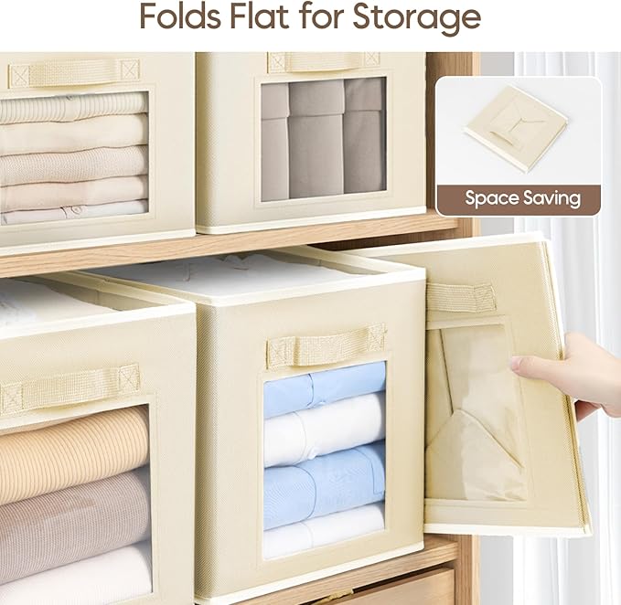 Homsorout Foldable Storage Cubes - Cubby Storage Organizer with Window, Decorative Baskets for Organizing, Fabric Bins for Clothes Storage, Closet Storage Cubes-11inch, Set of 8, Beige