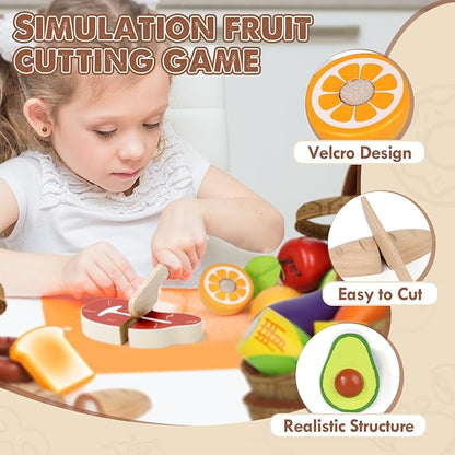 Lehoo Castle Wooden Play Food for Toddlers, Pretend Play Kitchen Accessories, 4 Food Groups, Montessori Sorting Toys for Toddlers 3-5, Cutting Fruits Toys for Boys Girls Kids Ages 4-8