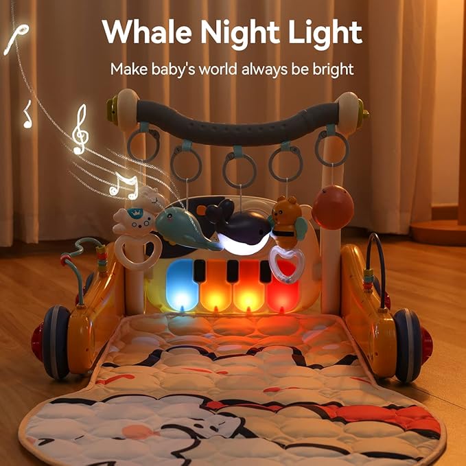 Baby Play Mat Gym,4-in-1 Kick and Play Piano Tummy Time Mat Learning Walker-Musical Activity Center with Lights Seat and Push Walkers Ideas for Baby Newborn 6-12 18 Months Boy Girl