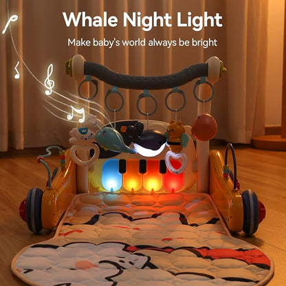 Baby Play Mat Gym,4-in-1 Kick and Play Piano Tummy Time Mat Learning Walker-Musical Activity Center with Lights Seat and Push Walkers Ideas for Baby Newborn 6-12 18 Months Boy Girl