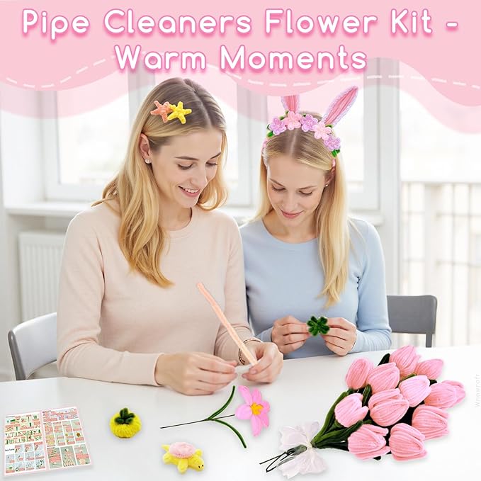 601PCS Complete Pink Pipe Cleaners Flower Kit–Pastel Pipe Cleaners for Flowers, DIY Craft Supplies for Projects, 6 Colors, with Floral Wires, Tape, Glue Sticks, Ribbon, Stamen, Manual & Video Tutorial