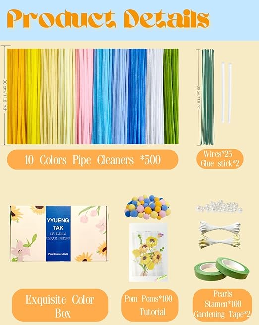 500 Yellow & Blue Pipe Cleaners Flower kit(Candy-Colored),Chenille Stems for DIY Art Projects Creative Gift,Pipe Cleaners Craft with tutoria,Pearls,Pompoms,Green Floral Wires,Stamen