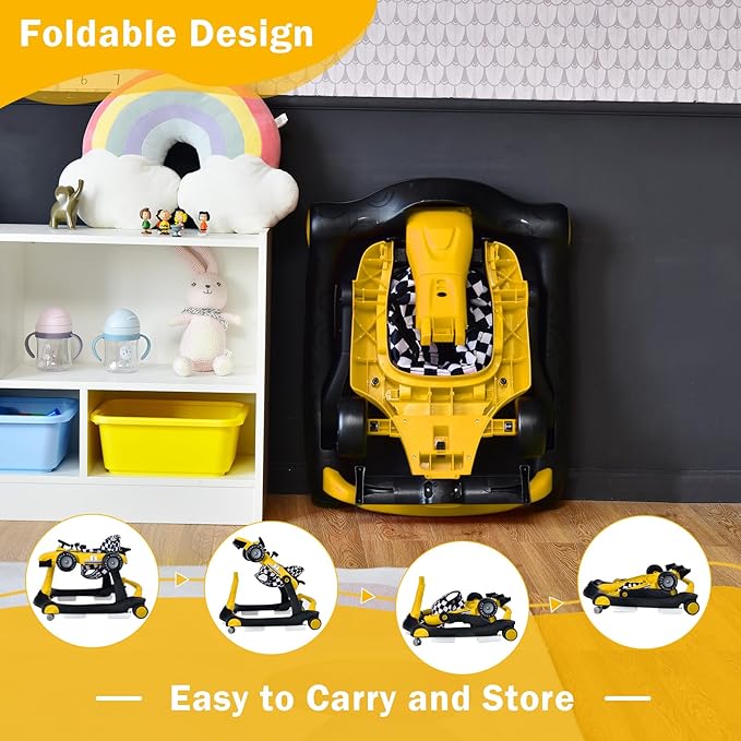 GLACER Foldable Baby Walker, 4-in-1 Infant Walker with Adjustable Height & Speed, Music, Light, Steering Wheel & Washable Cushion, Baby Walker Activity Center for Boys Girls 6 –18 Months (Yellow)