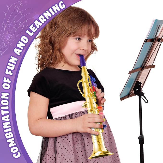 Lewtemi Gold Clarinet Musical Instruments Toy for Kid Toddler Fake Plastic Preschool Music Toy Gift Portable Wind Instrument Early Educational Teaching Songs Gifts for Toddlers Children