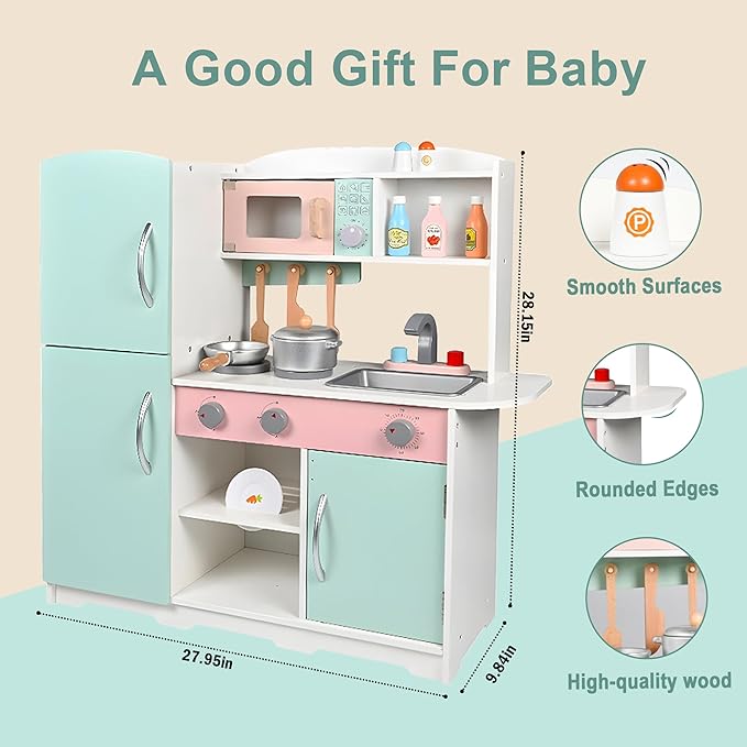 Wooden Play Kitchen Toy Kitchen Set with Stove,Oven,Sink,Fridge and 11 Pcs Kitchen Playset Accessories, Play Kitchen Sets for Kids,Toddler Kitchen Playset,Montessori Toys for Kids 4-8 Year Boys&Girl