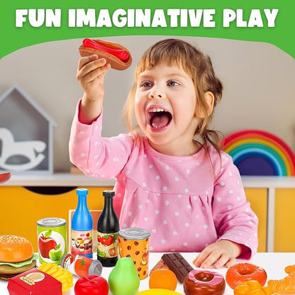 120 PCS Pretend Play Food Toys for Kids Play Kitchen - BPA-Free Mini Kitchen Accessories and Plastic Fake Food Toys with Veggies, Fruits, Pizza - Imaginative Play Set for Toddlers, Boys, Girls