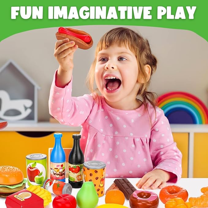 170 PCS Pretend Play Food Toys for Kids Play Kitchen - BPA-Free Mini Kitchen Accessories and Plastic Fake Food Toys with Veggies, Fruits, Pizza - Imaginative Play Set for Toddlers, Boys, Girls