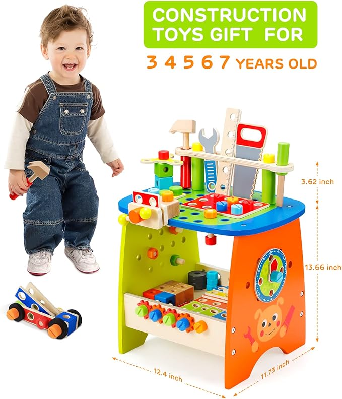 Ohuhu Kids Tool Set: 89Pcs Wooden Toddler Tool Workbench Toy Set with Construction Learning Educational Bench Play Toys for Boys Girls Age 3 4 5 6 7 Birthday