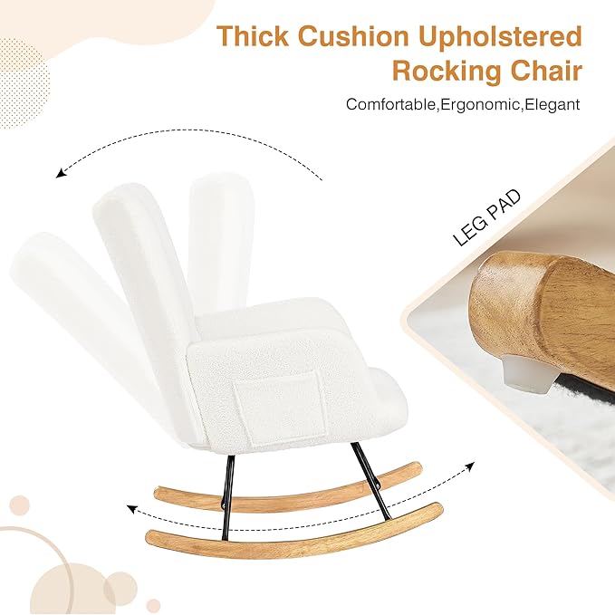 VECELO Nursery Rocking Chair Teddy Upholstered Modern Glider Rocker Padded with High Backrest Armchair Comfy Side Pocket for Living Room Bedroom Balcony Offices, White