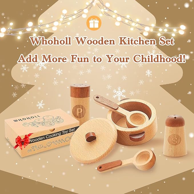 WHOHOLL Play Kitchen Accessories, Wooden Kitchen Sets for Kids, Toy Pots and Pans for Kids Kitchen, Toddler Cooking Toys for Kids Ages 3-5, Montessori Kitchen Tools for Boys Girls Gifts (Large)