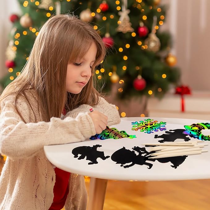 Christmas Scratch Crafts Art for Kids, 48 Pieces Rainbow Christmas Scratch Paper Art with Wooden Sticks, Christmas Ornaments for Kids Party Favors Supplies
