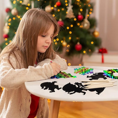 Christmas Scratch Crafts Art for Kids, 48 Pieces Rainbow Christmas Scratch Paper Art with Wooden Sticks, Christmas Ornaments for Kids Party Favors Supplies