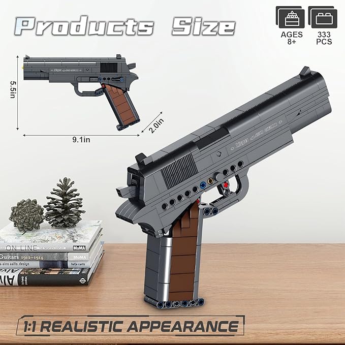 Finger Rock M1911 Pistol Model Guns Building Blocks Toy Set, DIY Simulation Handheld Gun Mechanical Model Kits, 333 pcs Collectible Construction Shootable Sniper Toys Gifts for Teens Boys Aged 14+