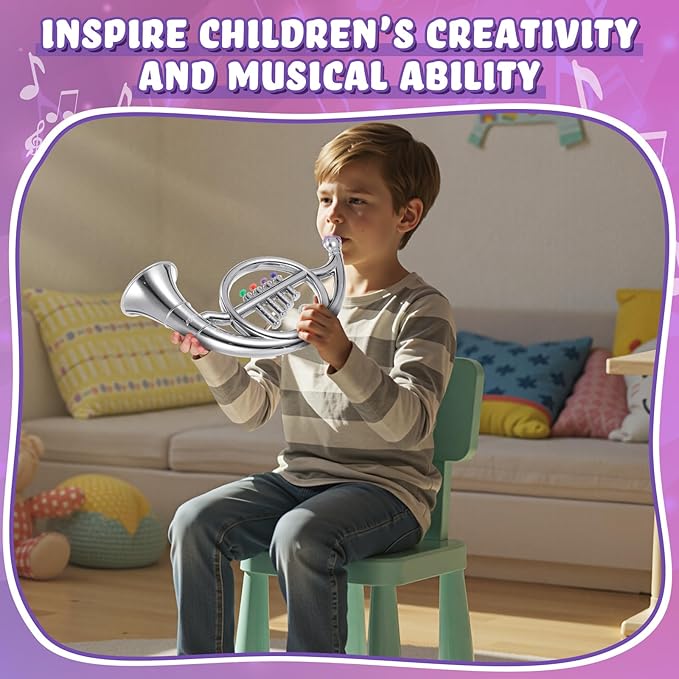 Lewtemi Silver Horn Musical Instruments Toy for Kid Toddler Fake Plastic Preschool Music Toy Gift Portable Wind Instrument Early Educational Teaching Songs Gifts for Toddlers Children