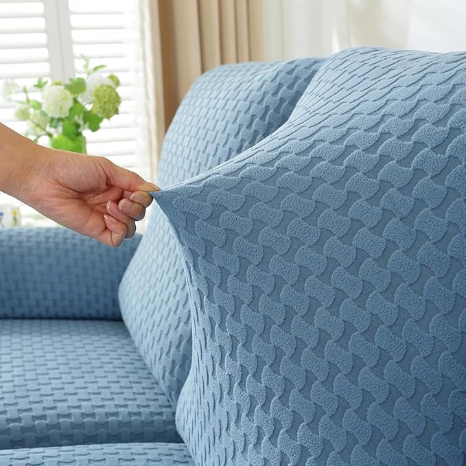 vctops 6 Pieces Jacquard Plush Recliner Loveseat Slipcover Stretch Soft Sofa Couch Cover Anti-Slip Solid Color Furniture Protector with Elastic Bottom for Kids Cats Dogs(Lake Blue,2 Seat)